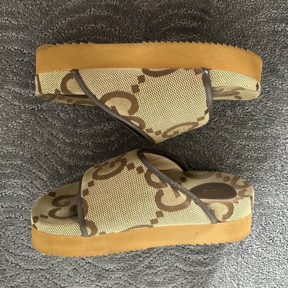 Gucci Supreme Jumbo GG Monogram Platform Slide Sandal Camel Canvas Maxi Size 39 - Picture 11 of 16